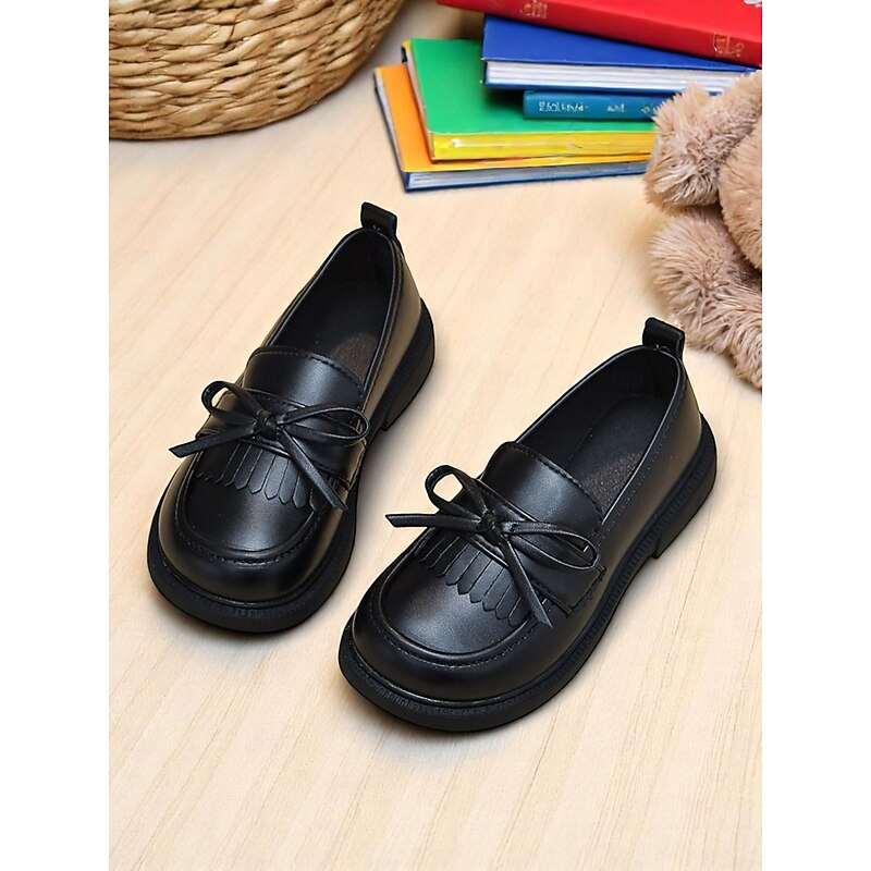 Little Girls' Faux Leather School Loafers with Fringe and Bow – Comfortable Moccasin Style Shoes for School & Daily Wear