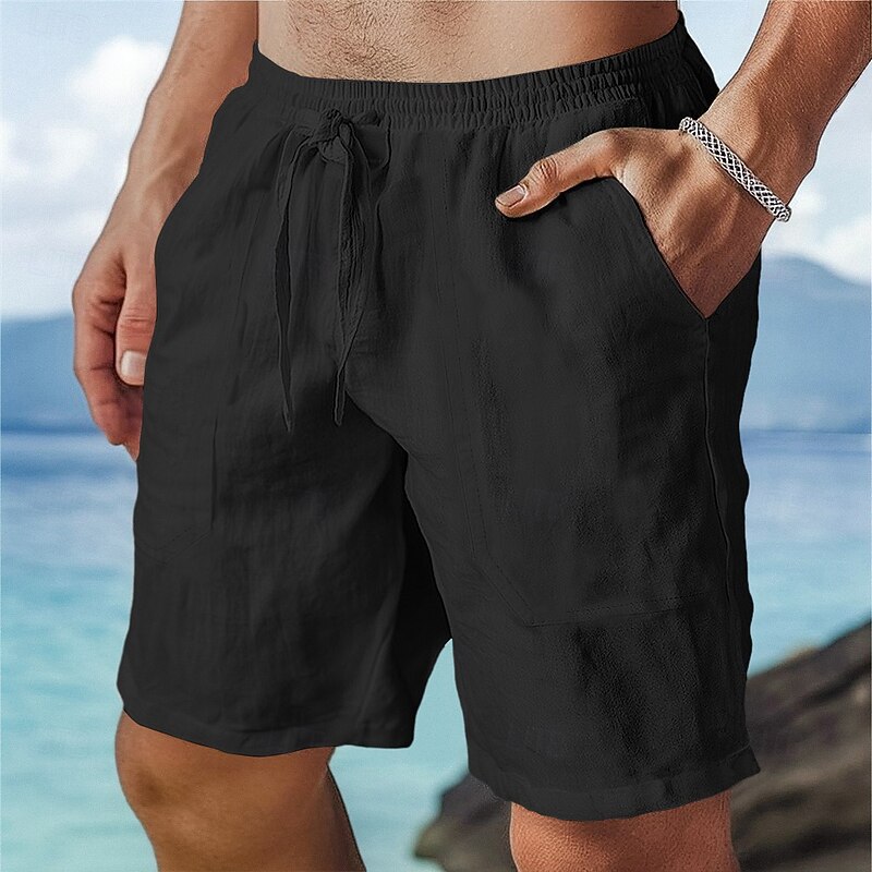 Men's Shorts Linen Shorts Summer Shorts Beach Shorts Drawstring Elastic Waist Plain Comfort Breathable Knee Length Outdoor Daily Beach Fashion Hawaiian Black White4