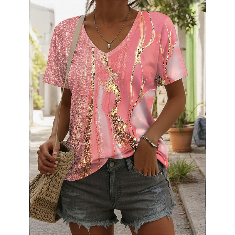 Women's T Shirt Graphic Geometric Vintage Stylish Casual Sleeveless Short Sleeve V Neck Regular Tops Daily Print Black Pink Blue Summer Spring2