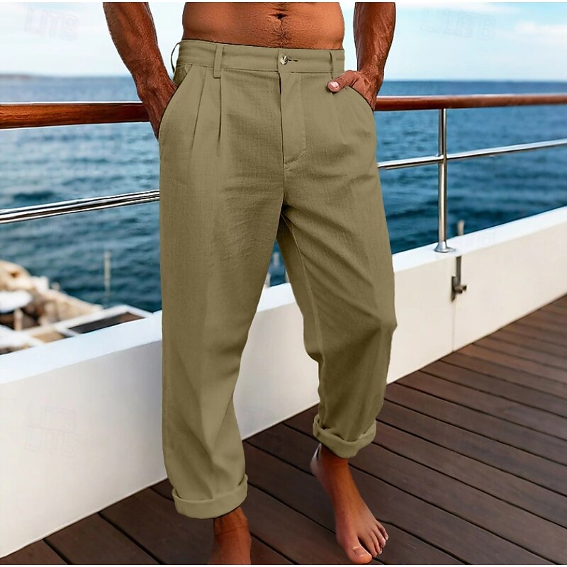 Men's Linen Pants Trousers Dress Pants Summer Pants Baggy Pants Front Pocket Straight Leg Plain Comfort Breathable Full Length Business Daily Holiday Vacation Fashion Black White2
