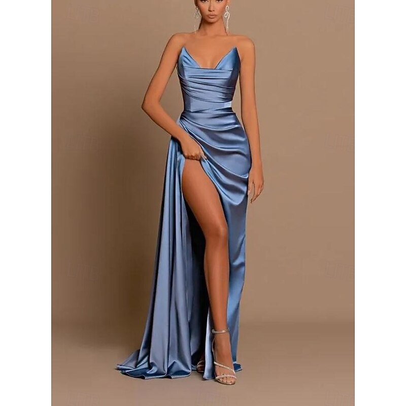 A-Line Evening Gown Party Dress Wedding Guest Prom Sweep / Brush Train Sleeveless V Neck Bridesmaid Dress Charmeuse Backless with Pleats Ruched Slit Masquerade Dress