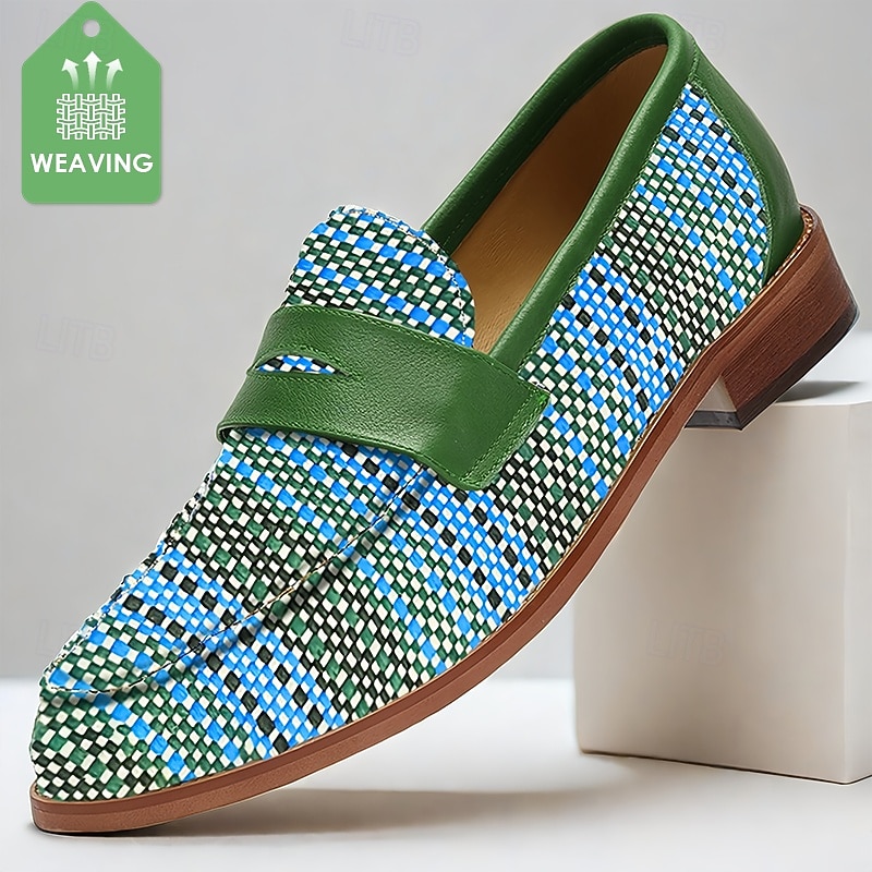Men's Green Nylon Woven Beaded Buckle Loafers - Unique Casual Footwear