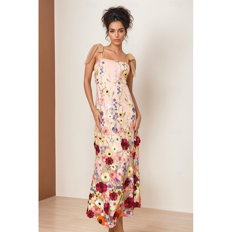 Sheath / Column Prom Dresses Floral Embroidered Lace Dress Prom Floor Length Sleeveless Square Neck with Bows