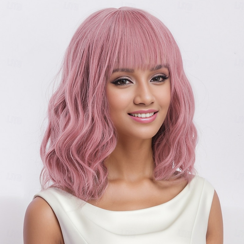 Synthetic Wig Water Wave Curly Weave Asymmetrical Neat Bang Machine Made Wig 14 inch A1 Synthetic Hair Women's Party Classic Comfortable Pink4