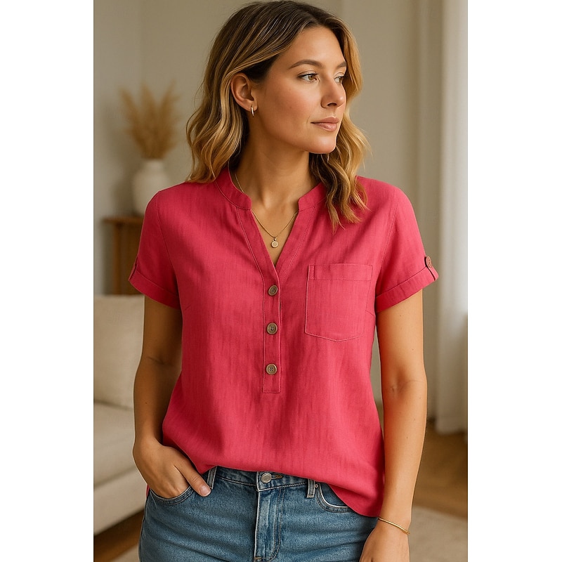 Women's Button Up Cotton Linen Shirt Plain Stylish Modern Short Sleeve V Neck Regular Tops Daily Holiday Buttons Red Blue Summer4