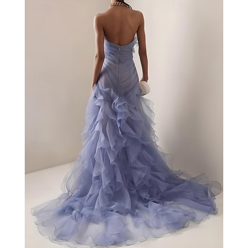 A-line Evening Gown Corset Dress Formal Wedding Floor Length Sleeveless Strapless Organza with Ruched Ruffles3