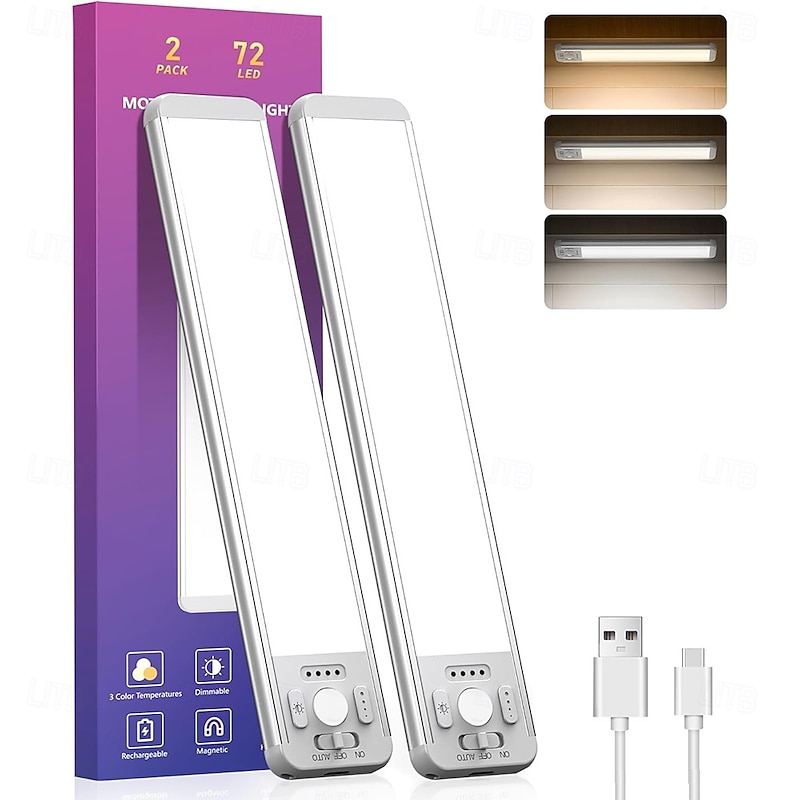 2 PACK Under Cabinet Lighting, 2200mAh Rechargeable Motion Sensor Light, 72 LED Beeds, 3-Color 5 Brightness Dimmable, Magnetic Wireless Closet Lights, Counter Lights for Kitchen Wardrobe Stairs