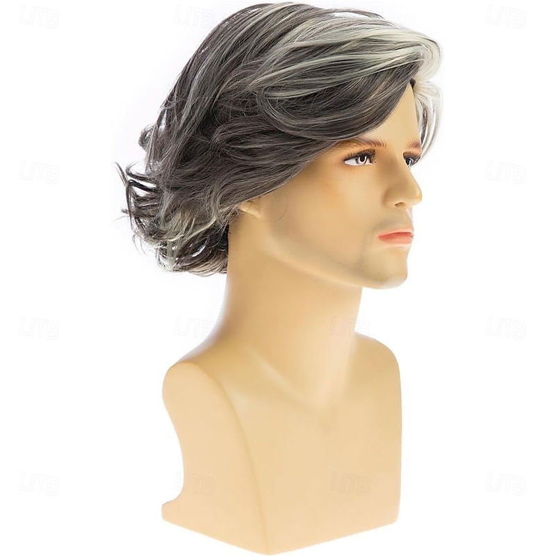 Mens Grey Wigs Short Curly Gray Layered Wig Halloween Cosplay Anime Costume Party3