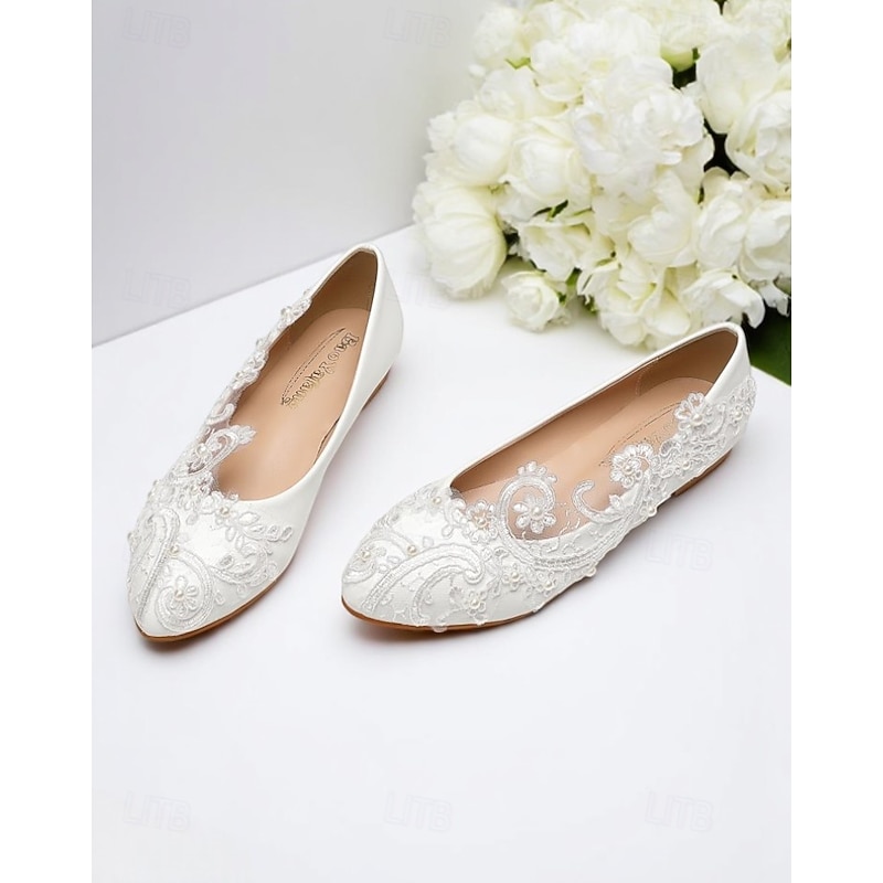 Women's White Lace Embroidered Ballet Flats – Vintage Closed Toe Wedding Shoes for Bride and Garden Ceremonies3