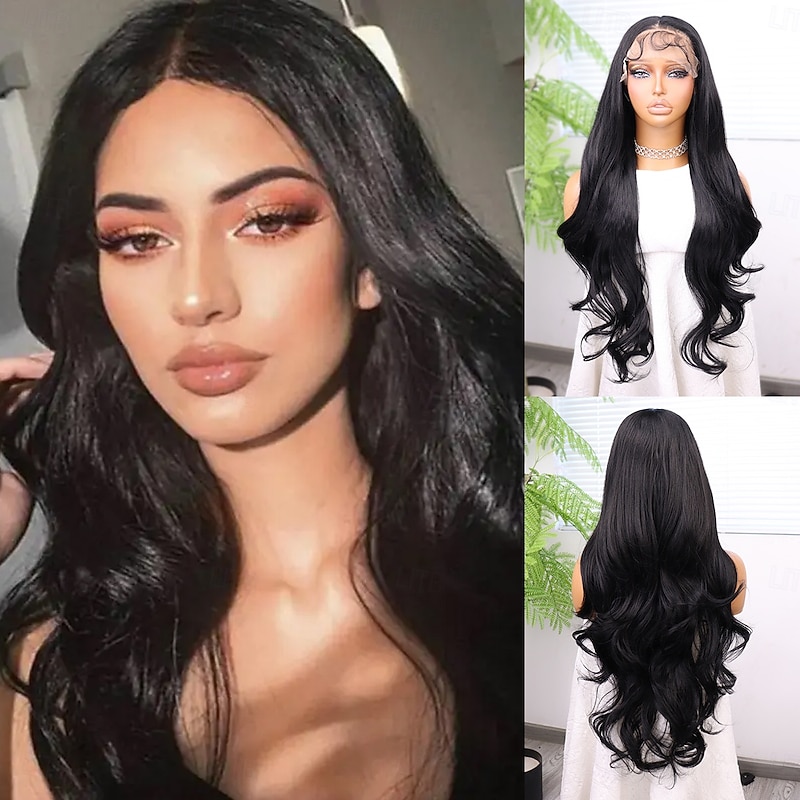 Synthetic Lace Wig Body Wave Style 30 inch Black Middle Part 13x6 Lace Front Wig Women's Wig Black