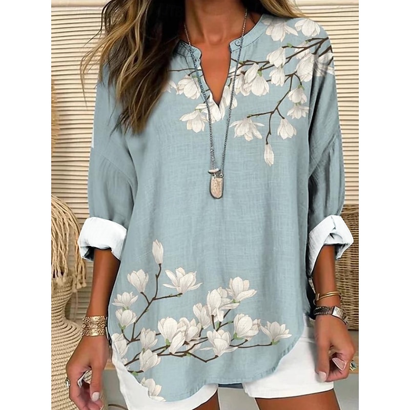 Women's Blouse Tunic V Neck Long Sleeve Boho Casual Cotton Linen Floral Basic Regular Tops Daily Buttons Print Pink Red Navy Blue Blue Purple3