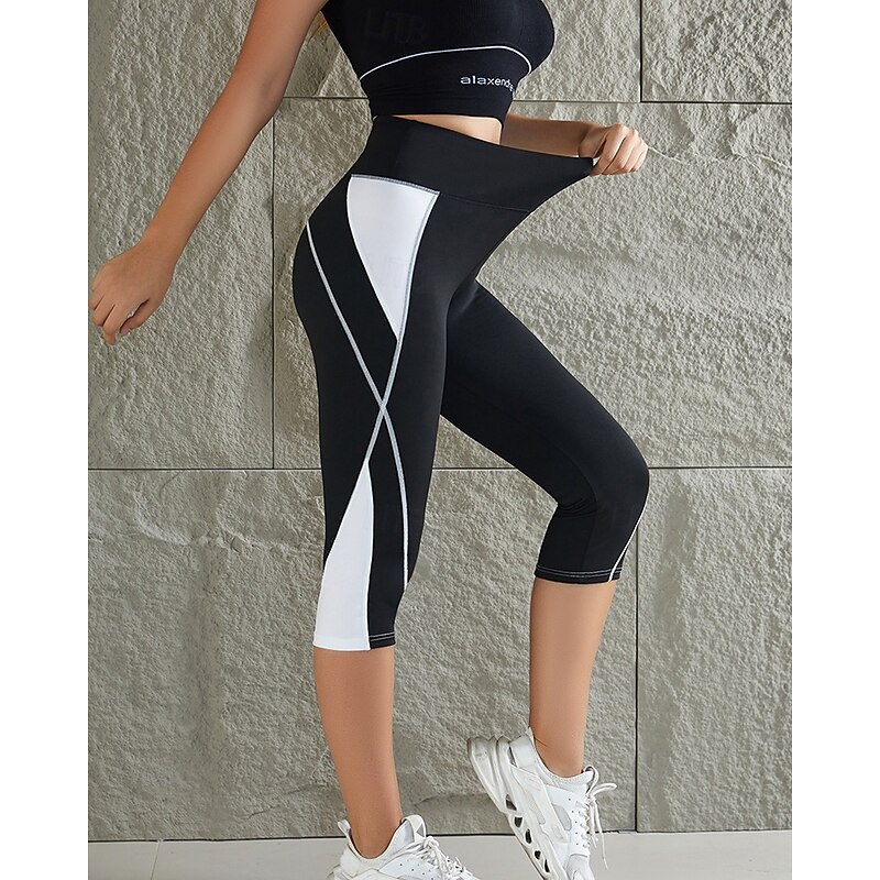 Women's Capri Leggings Patchwork Butt Lift Tummy Control High Waist Pilates Gym Workout Workout Bottoms Color Block White Red Blue Spandex Fall Sports Activewear Stretchy Skinny2