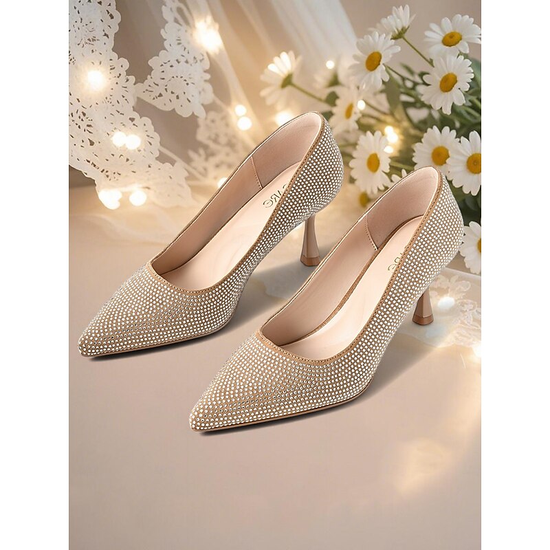 Women's Champagne Rhinestone Pointed Toe Kitten Heels – Elegant Slip-On Glitter Pumps for Cocktail Parties and Holiday Celebrations2