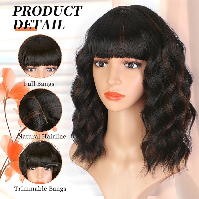 Bob Wavy Wigs With Bangs Black Mixed Brown Wigs for Women Short Curly Wavy Wigs with Highlights Natural Looking Shoulder Length Womens Wig for Daily Party Use2