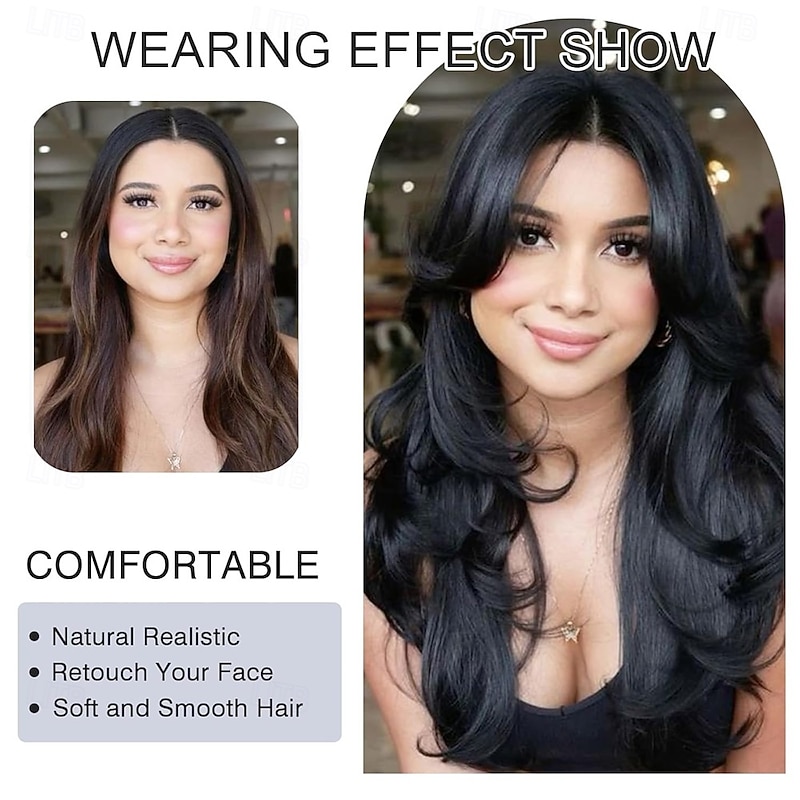 Highlight Ombre Brown Layered Wavy Wig With Curtain Bangs for Women Synthetic Dark Brown Highlight Wig Long Curly Natural Body Wave for Daily Party Use 24inch4