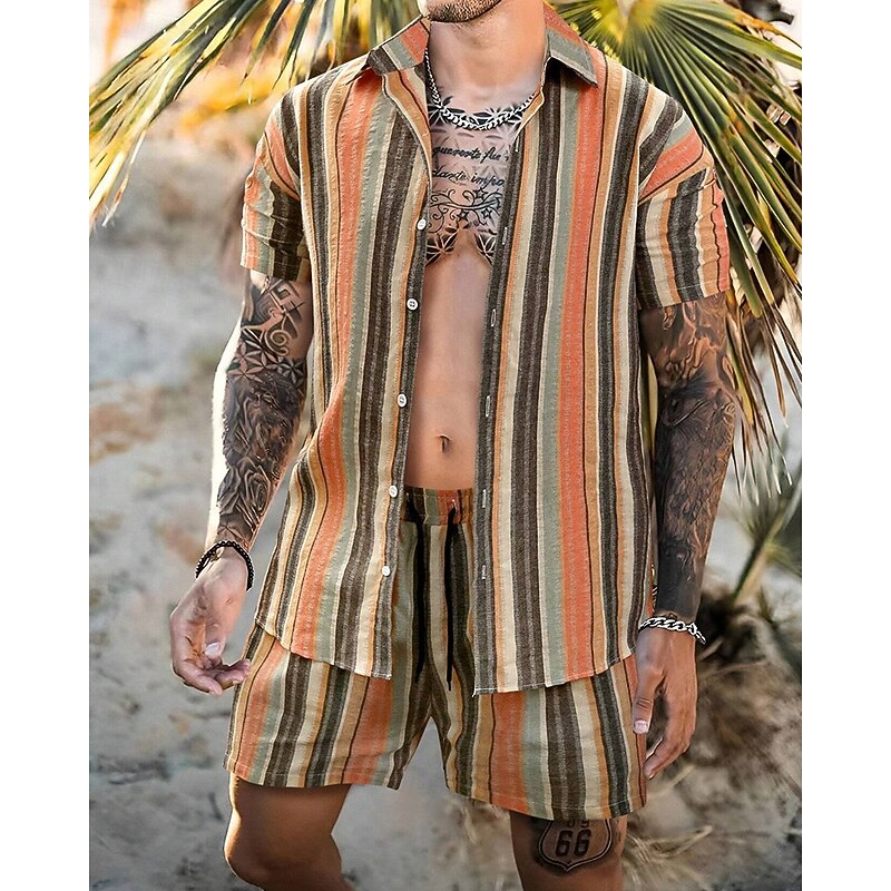 Men's Shirt Set T-shirt Suits 2 Pieces Outfits Tee & Shorts Short Sleeve Shirt Collar Summer Stripes Fashion Casual 2 Piece Vacation Daily Wear Going out Blue Orange Top Tee for Men2