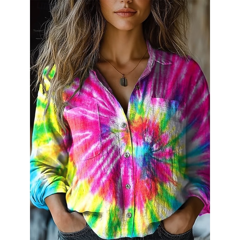 Women's Shirt Tie Dye Stylish Modern Long Sleeve Shirt Collar Regular Tops Daily Holiday Buttons Pocket Print Yellow Purple Rainbow Summer2