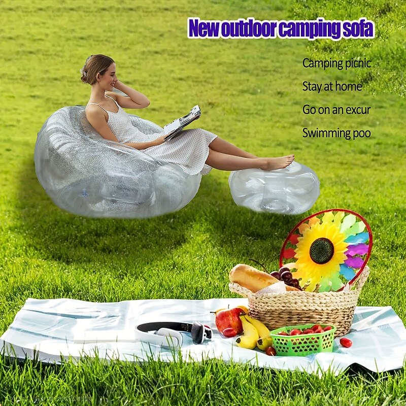 Inflatable Sofa With Sequins Lazy Sofa Inflatable Outdoor Sofa Bed With Footrest Combination Transparent Sofa Chair With Sequins Suitable For Camping Hiking4