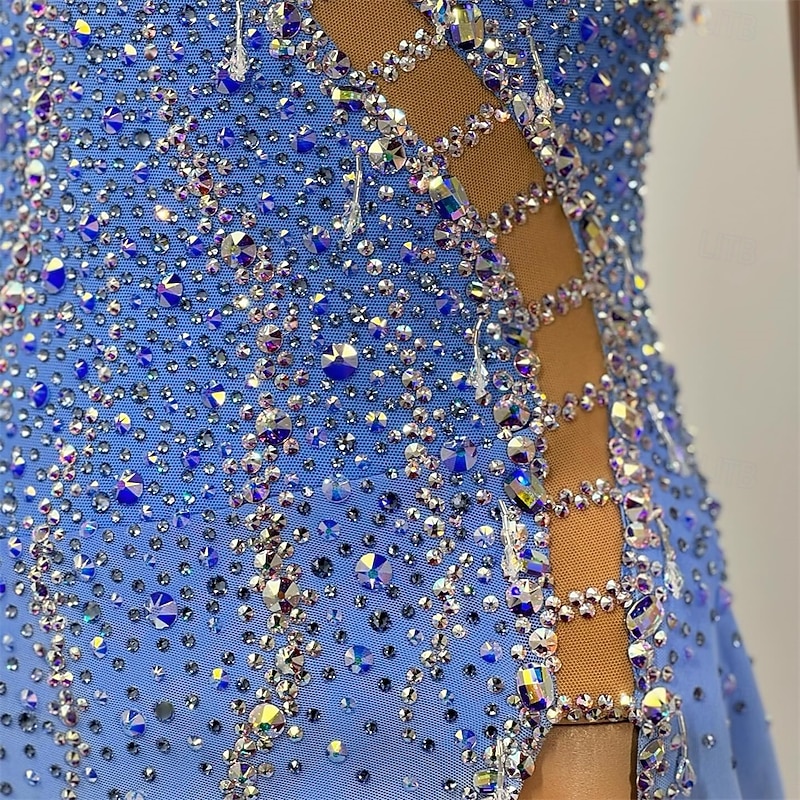 Figure Skating Dress Women's Girls' Ice Skating Dress Sky Blue Patchwork Asymmetric Hem Mesh Spandex High Elasticity Training Competition Skating Wear Classic Crystal / Rhinestone Sleeveless Ice3