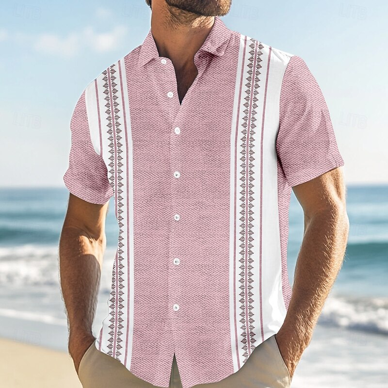 Men's Geometric Striped Shirt Guayabera Shirt Button Up Shirt Short Sleeve Fashion Casual Vacation Dailywear Beach Wear Summer Spring Turndown Button Up 3D Print Linen Like Shirt Pink Blue Green Gray3