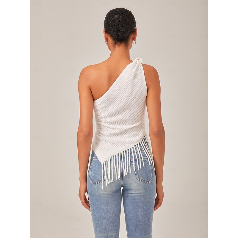 Ivory Asymmetry Fringe Knit Top3