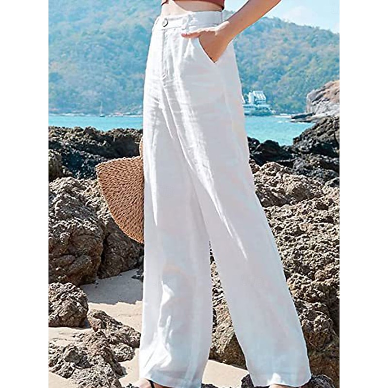 Women's Wide Leg Baggy Pants Solid Color Fashion Basic Full Length High Waist Plain Pocket Comfort Outdoor Micro-elastic Vacation Street Daily Deep Green Black White Summer Spring Regular Fit3