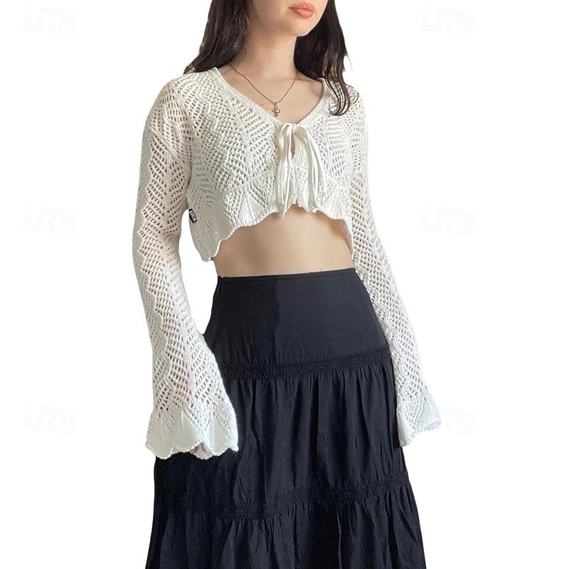 Women's Shirt Blouse Plain Modern Casual Long Sleeve V Neck Crop Tops Daily Going out Cut Out Black White Summer4