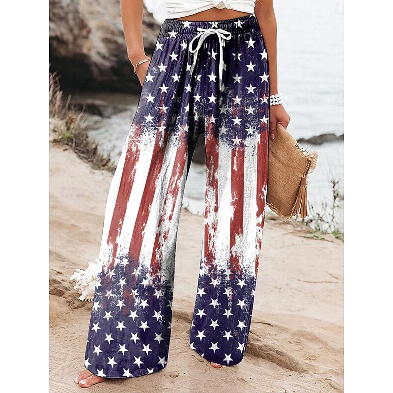 Women's Wide Leg Chinos Baggy Pants Vacation Vintage Fashion Full Length High WaistPantsAmerican Independence Day Graphic Flag American Flag Printing Micro-elastic Formal Vacation Street Red / Blue