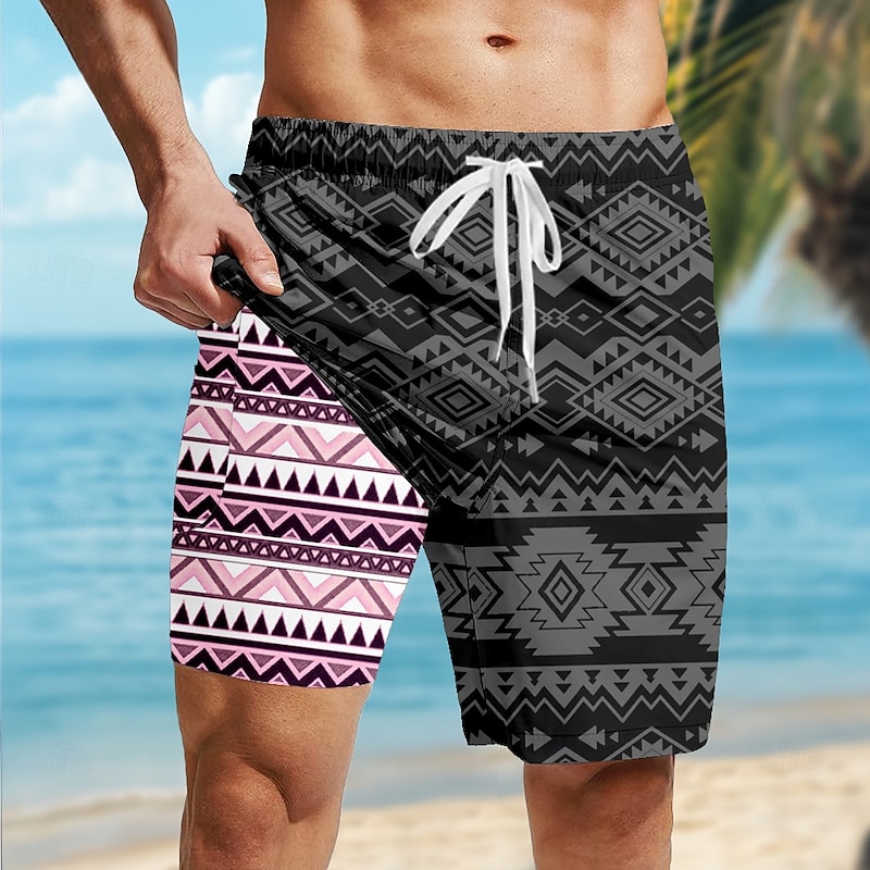 Men's Aztec Ethnic Lined Shorts 2 in 1 Board Shorts Swim Shorts Mid Waist Hawaiian Retro Vintage Holiday Beach Wear Side Pockets With Compression Liner Elastic Drawstring Waist Designer Clothing