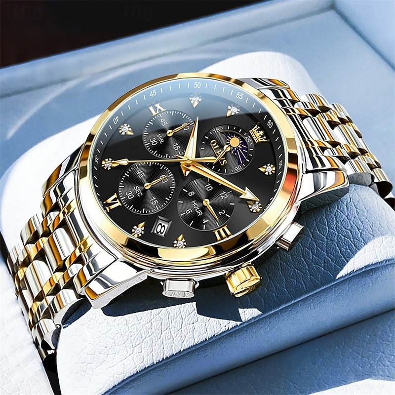 OLEVS 3655 Moon Phase Classic Three Eye Dial Men's Watch Stainless Steel Watch for Male Butterfly Buckle Waterproof Quartz watch