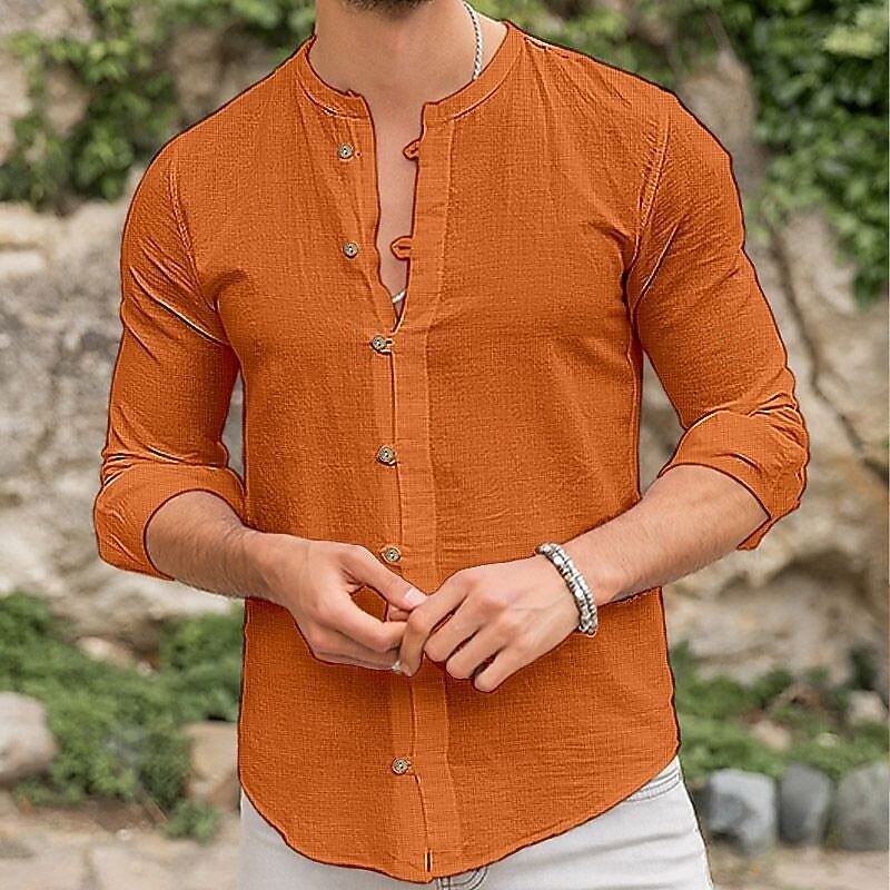 Men's Shirt Linen Shirt Summer Shirt Beach Wear Button Up Shirt Plain Vacation Street Black White Sky Blue Orange Long Sleeve Stand Collar Summer Spring Clothing Apparel Buttons
