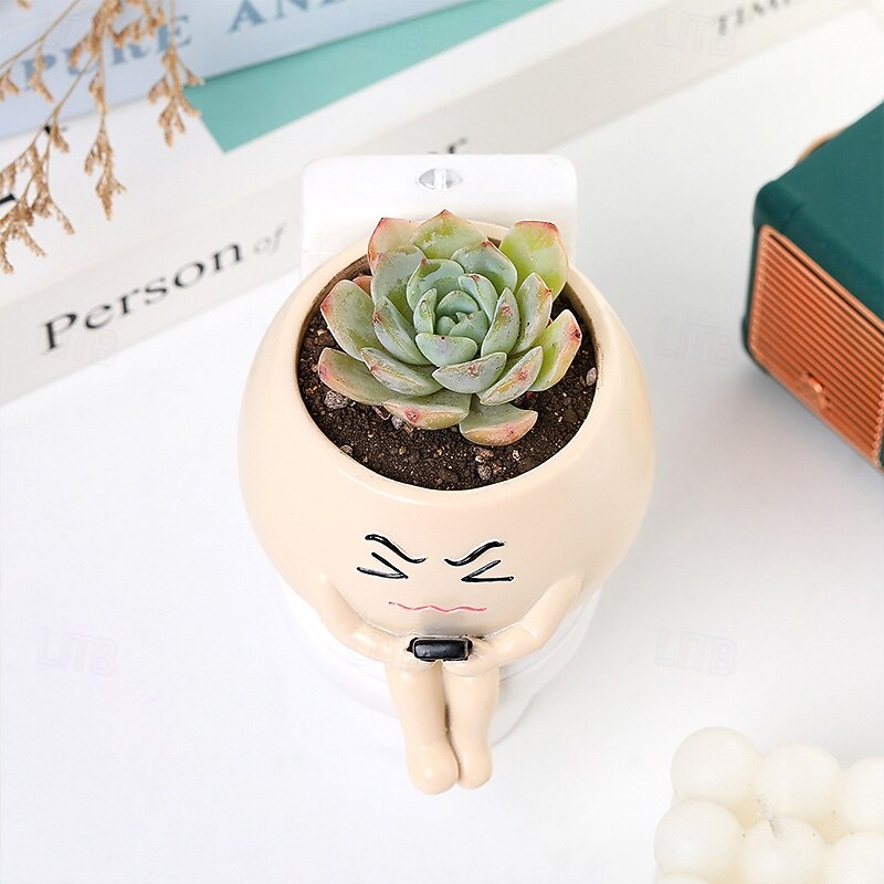 Funny Toilet Sitting Succulent Planter, Creative Cute Green Plant Figurine, Fun Office Desk or Study Room Decoration, Stress Relief Succulent Pot for Home Decor2