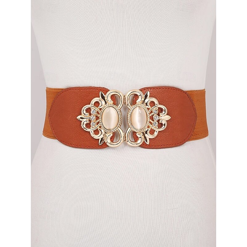 Women's retro palace style fashion elastic belt with embellished metal buckle, elegant design, suitable for formal and casual wear3