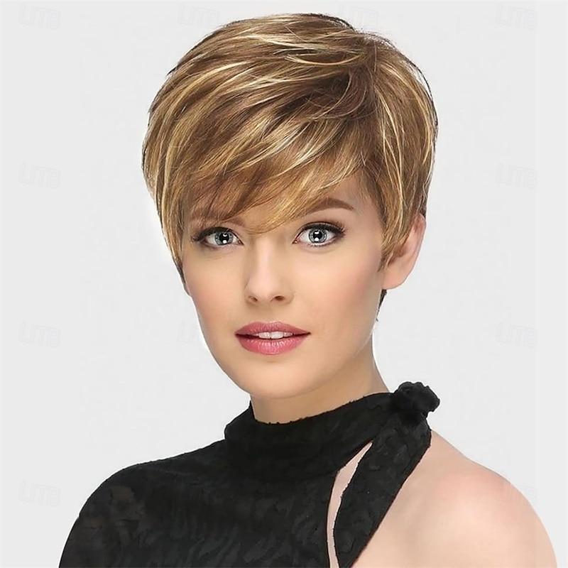 Short Brown Pixie Cut Wig for Women Short Hair Wigs with Bangs Mixed Blonde Highlight Layered Fluffy Synthetic Hair Replacement Wig Halloween Costumes Wigs