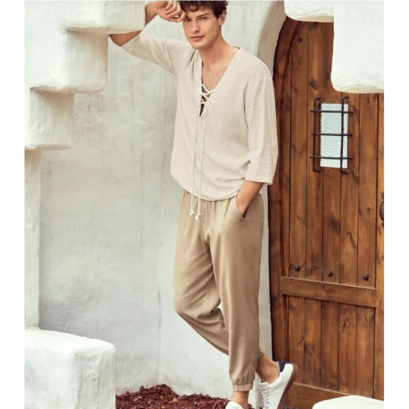 Retro Vintage Medieval Renaissance Shirt Pirate Viking Solid Color Fancy Dress Men's Viking Pirate Halloween Carnival Vacation LARP Ren Faire Adults' Shirt Summer3