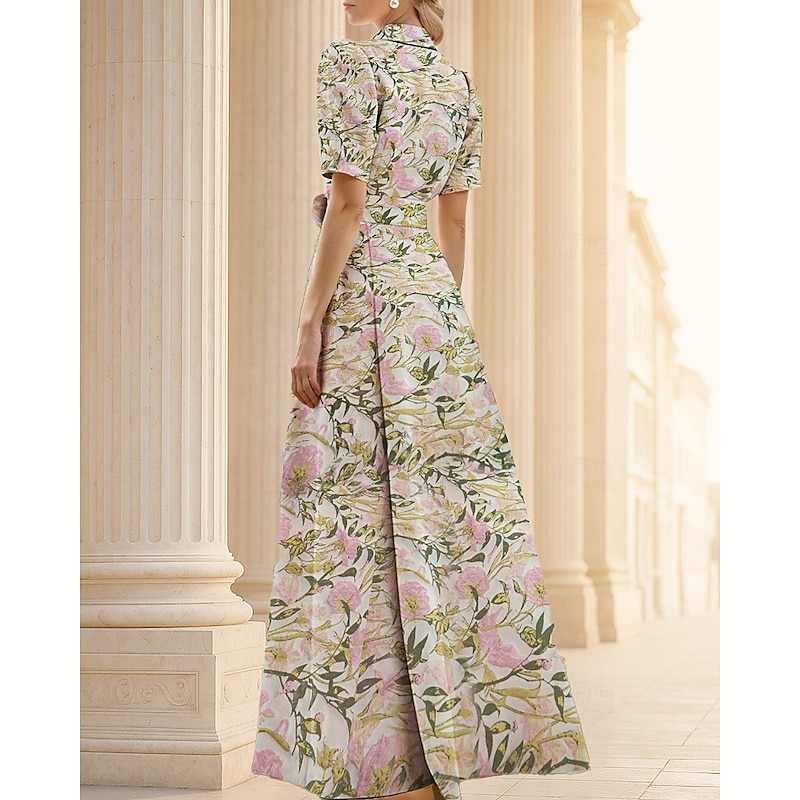 Floral Jacquard A-Line Evening Gown Elegant Dress Formal Wedding Floor Length Short Sleeve Shirt Collar Nylon with Floral Print Slit Pocket Wedding Guest Dress2