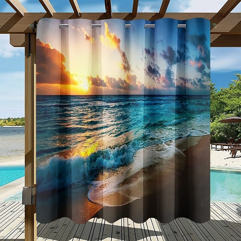 Waterproof Outdoor Curtain Privacy, Sliding Patio Curtain Drapes, Pergola Curtains Grommet 3D Summer Beach Ocean Landscape For Gazebo, Balcony, Porch, Party, 1 Panel2