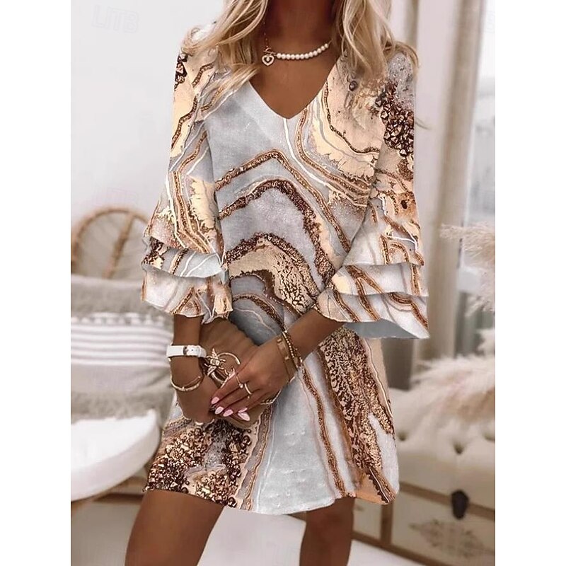 Women's Mini Dress Sundress A Line Dress Summer Dress Vacation Casual Daily Holiday Tea Party Regular Fit Ombre Floral Graphic 3/4 Length Sleeve V Neck Light Brown Summer Spring