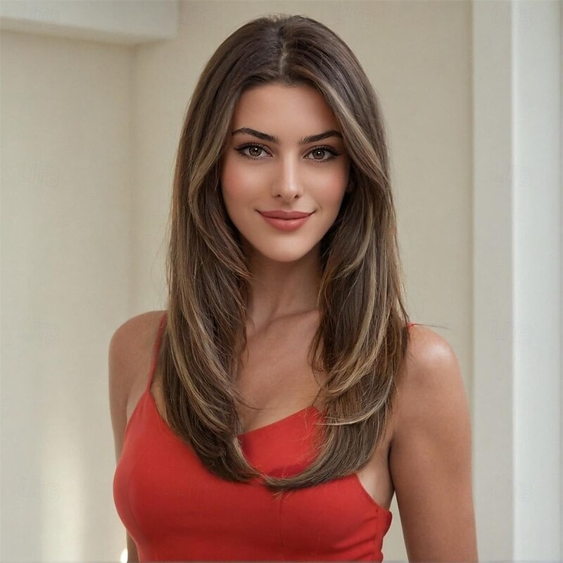 Natural Long Wigs for Women with Fringe Synthetic Heat Resistant Hair Ombre Brown Wig for Daily Party Cosplay Use