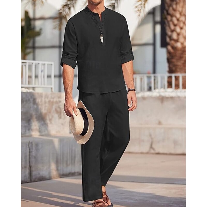 Men's T-shirt Suits Shirt and Pant Sets 2 Pieces Outfits Full Body Henley Spring & Summer Plain Fashion Casual 2 Piece Vacation Daily Wear Going out Black White Blue Top Tee for Men2