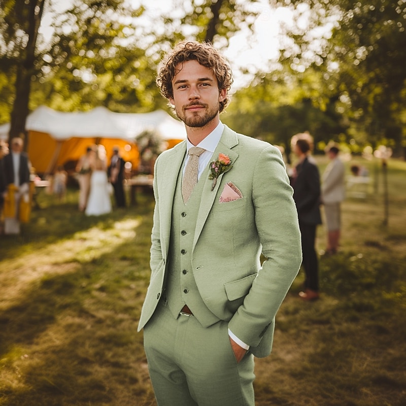 Men's Wedding Linen Suits Notch Lapel Sage Formal Solid Colored Standard Fit 3 Piece Single Breasted Two-buttons2