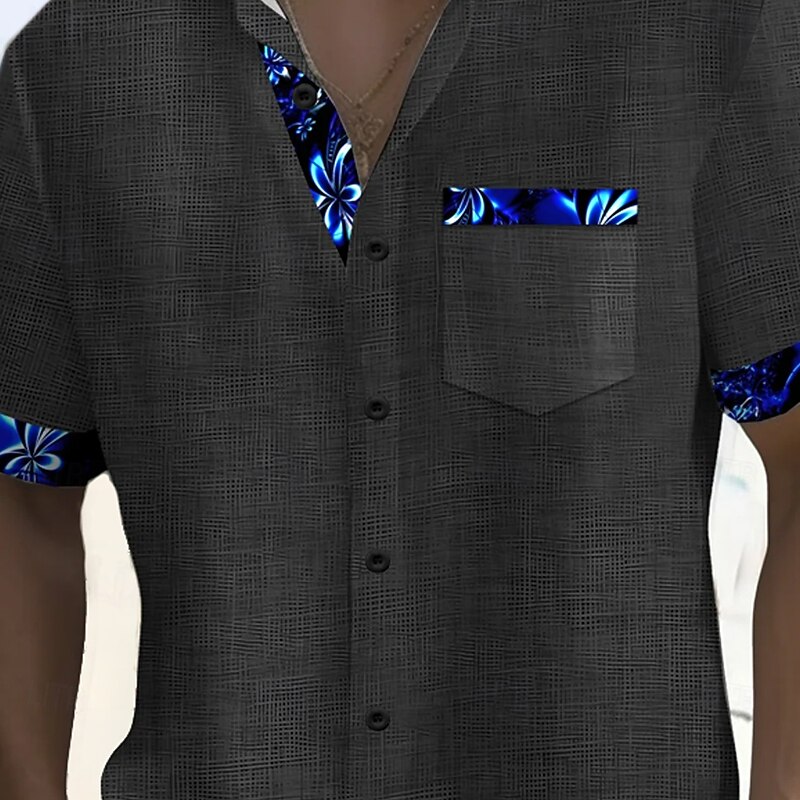 Men's Tropical Flowers Neon Shirt Summer Hawaiian Shirt Button Up Shirt Short Sleeve Hawaiian Vacation Holiday Beach Wear Summer Turndown 3D Print Front One Pocket Linen Like Shirt Black2