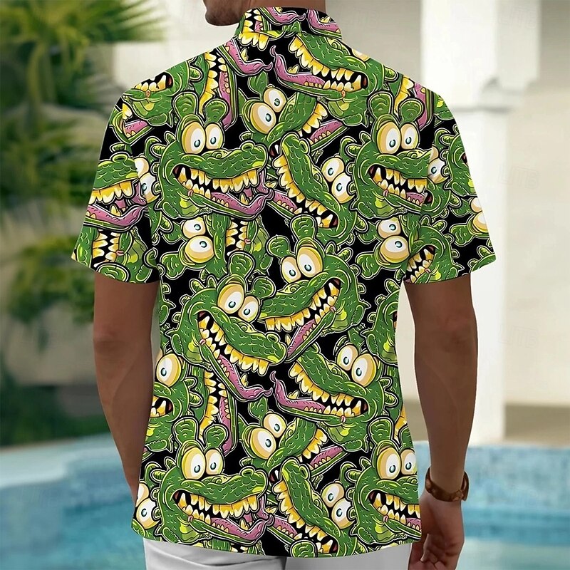 Men's Animal Crocodile Funny Shirt Summer Hawaiian Shirt Button Up Shirt Short Sleeve Hawaiian Vacation Holiday Beach Wear Summer Spring Turndown 3D Print Collared Shirts Front One Pocket Green2
