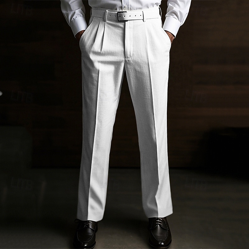 Men's Dress Pants Linen Pants Summer Pants Pleated Plain Soft Office Chic & Modern Black White