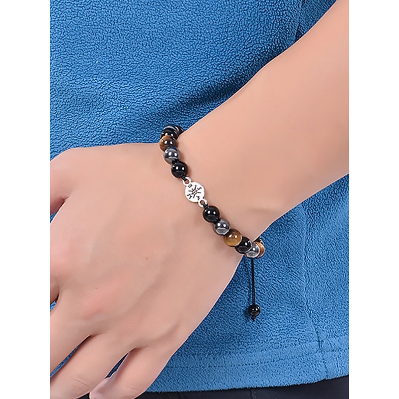 Men's Tiger Eye and Black Matte Beaded Bracelet with Compass Charm – Natural Stone Stretch Bracelet for Travel, Adventure, Birthday or Graduation Gift3