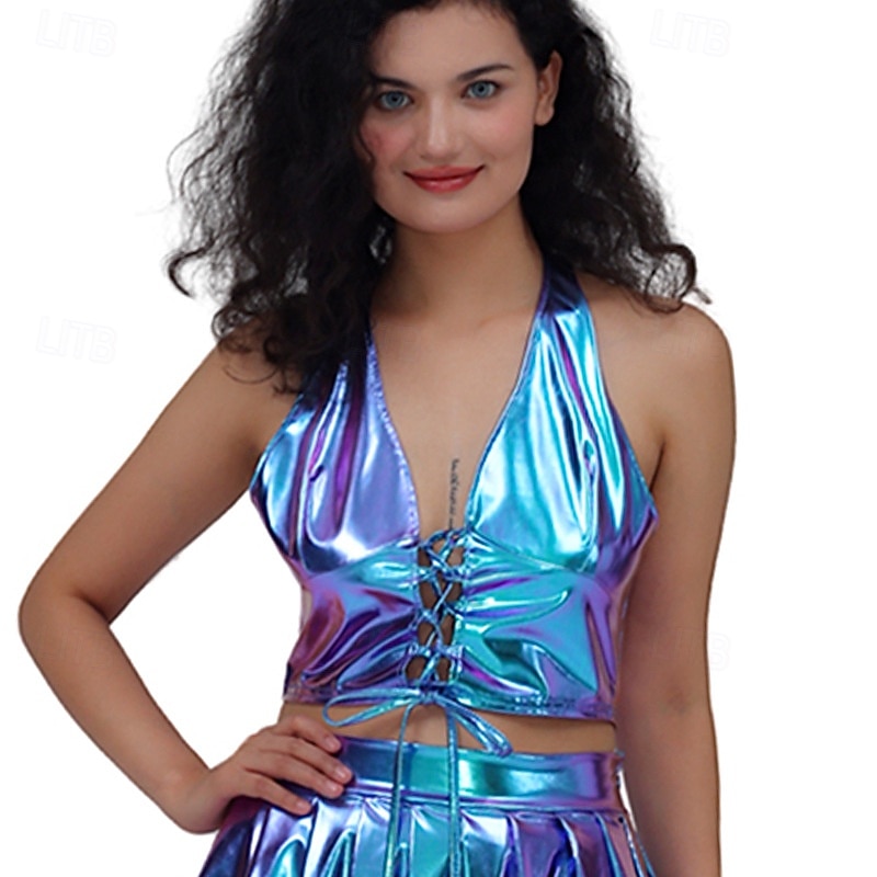 Retro Vintage 1980s Crop Top Disco Halter Shiny Latex Patent Metallic Fancy Dress Women's Halloween Carnival Pride Parade Pride Month Adults' Top Summer3