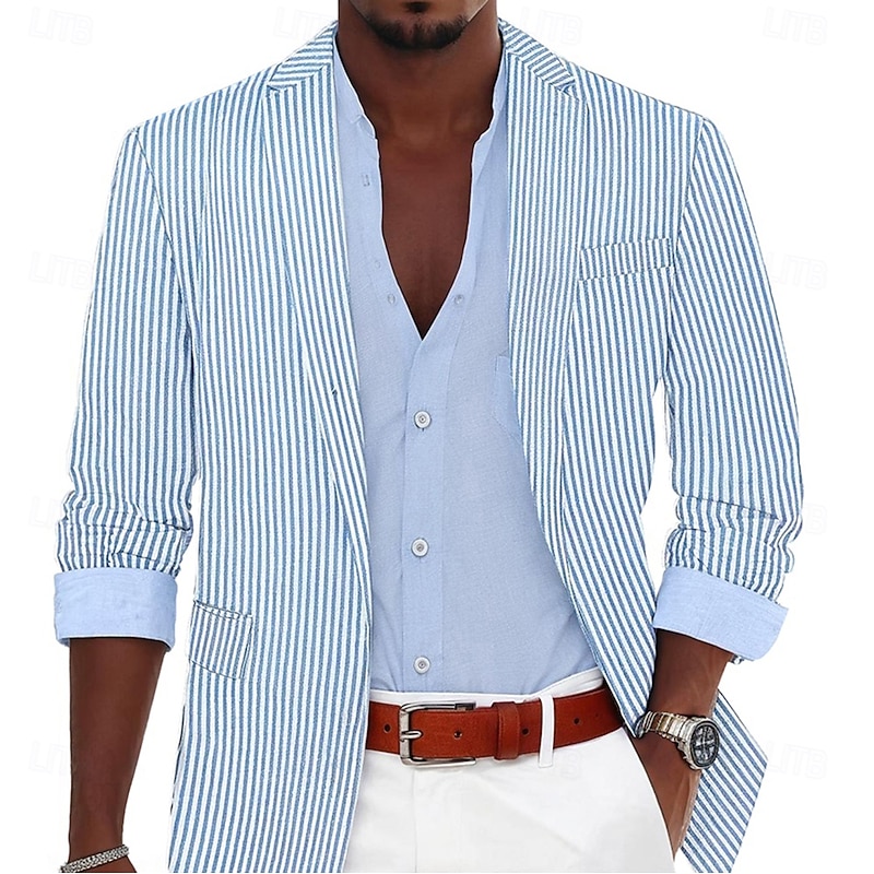 Men's Blazer Jacket Sport Coat Notch Collar Fashion Lightweight Striped Blazer Sky Blue Sage Standard Fit Single Breasted One-button2