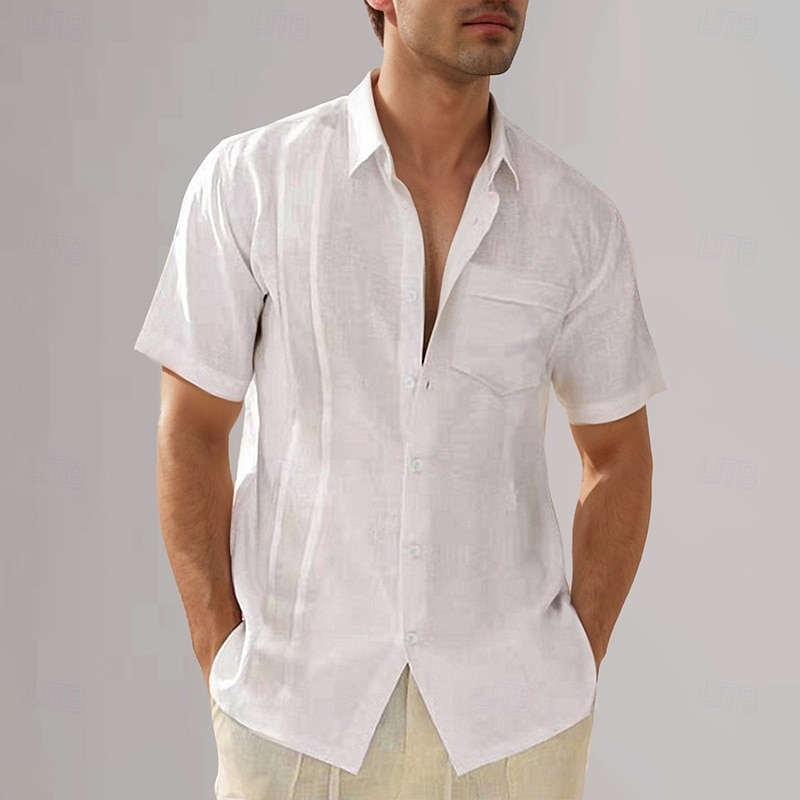 Men's Cotton Linen Shirt Plain Vacation Black White Dark Navy Blue Short Sleeve Turndown Summer Clothing Apparel