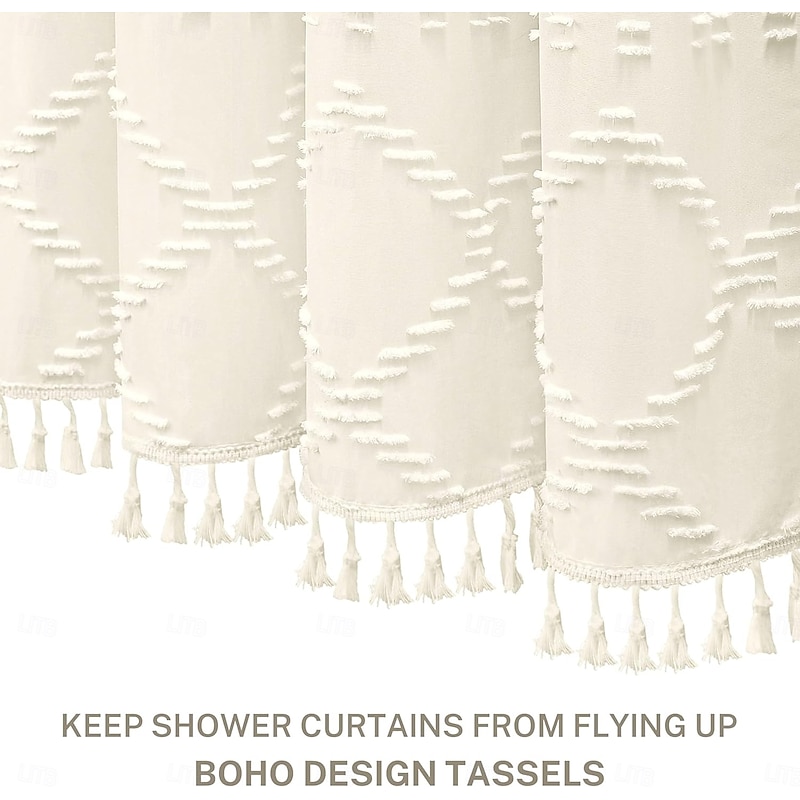 Boho White Woven Fabric Shower Curtain with Tassel 180cm 70" Modern Farmhouse Minimalist, Tufted Chevron Striped Shabby Chic Textured, Water Resistant Cloth Curtain for Bathroom, Hotel Decor3