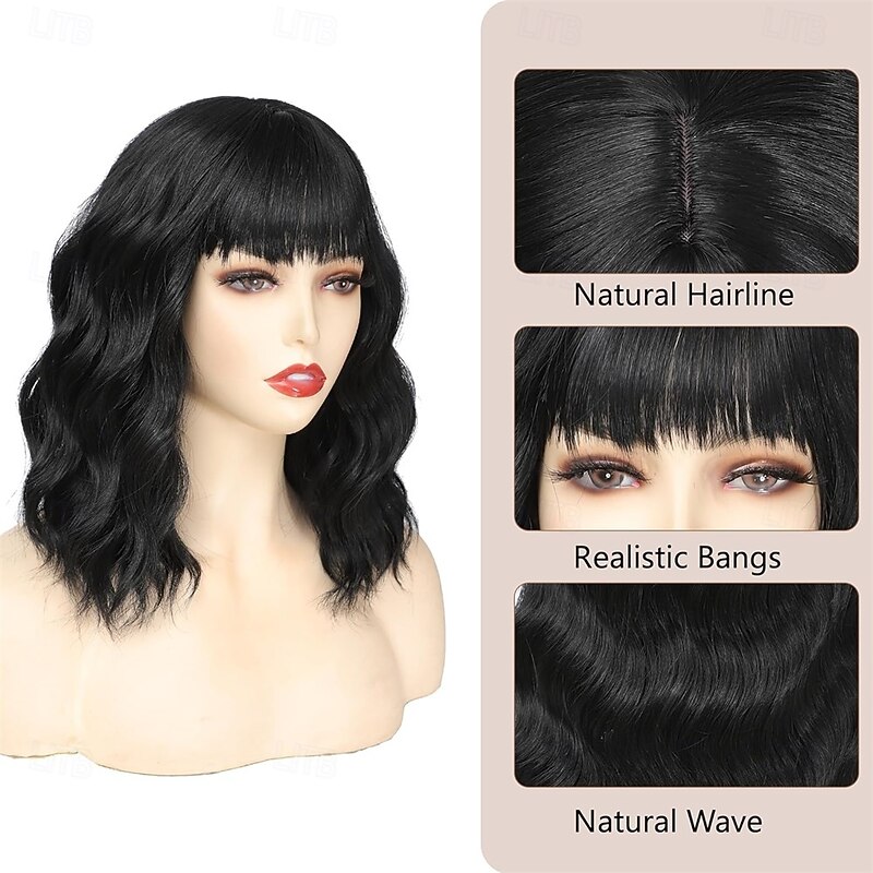 Wigs for Women Wavy Short Black Wig with Bangs Curly Bob Wig Shoulder Length Women's Wigs Synthetic Heat Resistant Fiber Wigs for Daily Party Use2